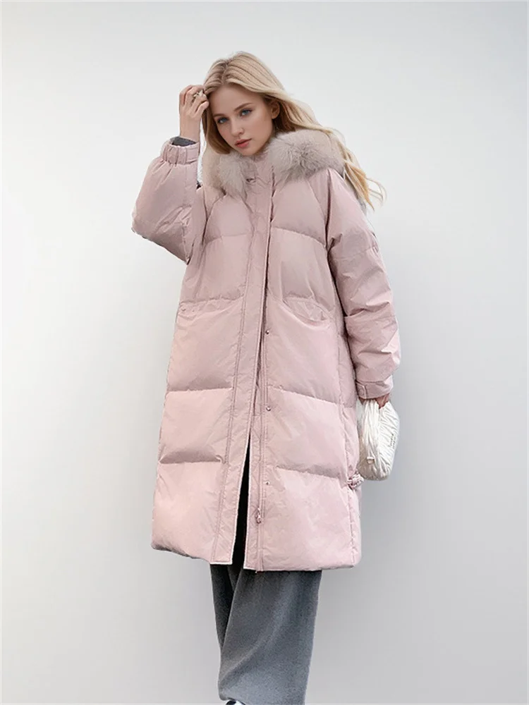 Women\'s Down Cotton Warm Coats 2024 Winter New Large Fur Collar Hooded Long Over The Knee Loose-Fitting Padded Jacket