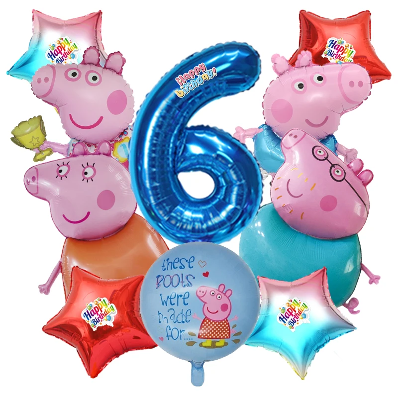 10pcs Cartoon Peppa Pig Family Balloon Kit Dark Blue Digital 0-9 Foil Globos Star Round Themed Balloons Birthday Backdrop Decor view 2