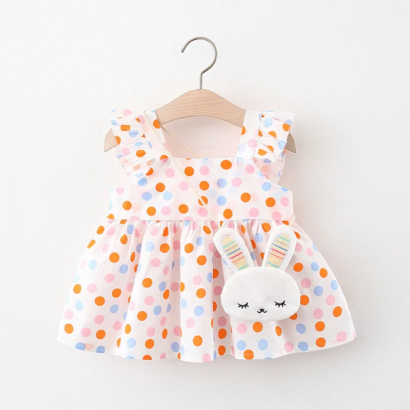 2 Pcs Baby Girl Summer New Dress Sweet Colorful Dot Flying Sleeves Cotton Cloth Skirt Gift Little Rabbit Crossbody Bag