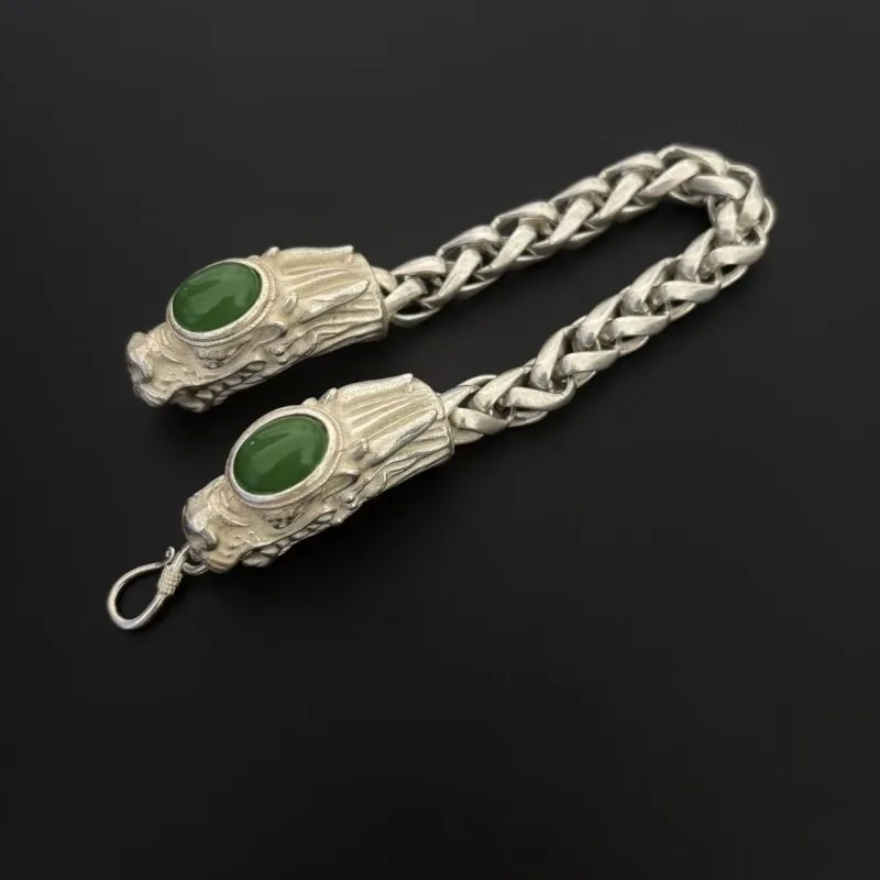Classic Tibetan silver double dragon inlaid bracelet with retro ethnic style and domineering men's and women's bracelets
