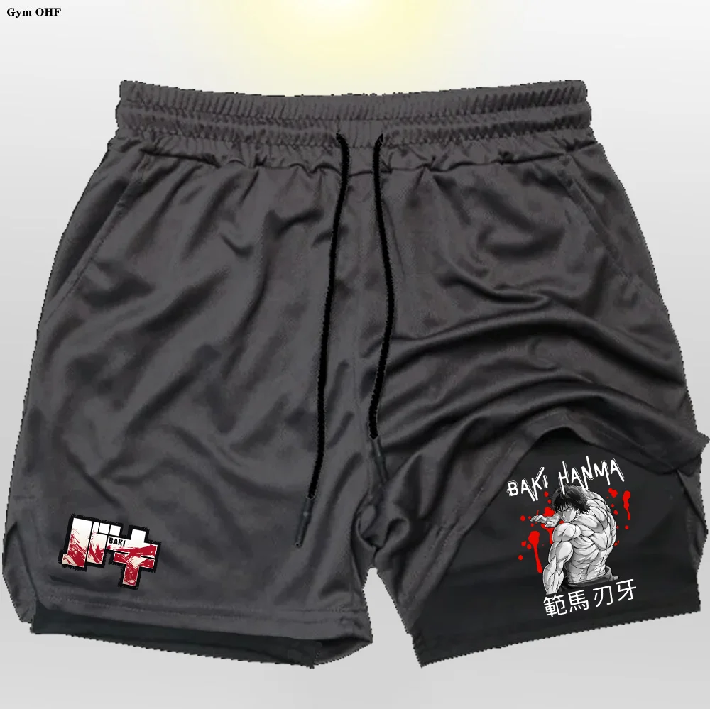 Anime Baki Hanma Mens Shorts Sport 2 in 1 Gym Jogging Running Training Breathable Fitness Double Layer Hidden-Pocket Short Pants