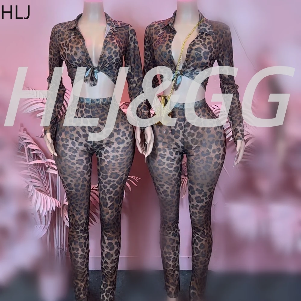

HLJ Fashion Leopard Print Mesh See Though Two Piece Sets Women Deep V Button Long Sleeve Top And Pants Outfits Sexy Streetwear