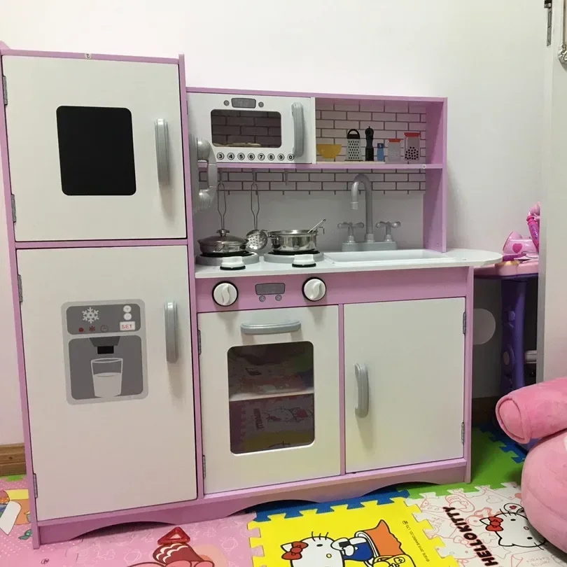 Large size Simulation wooden kitchen cooking game toy Refrigerator microwave oven stove tableware sets children kids gift