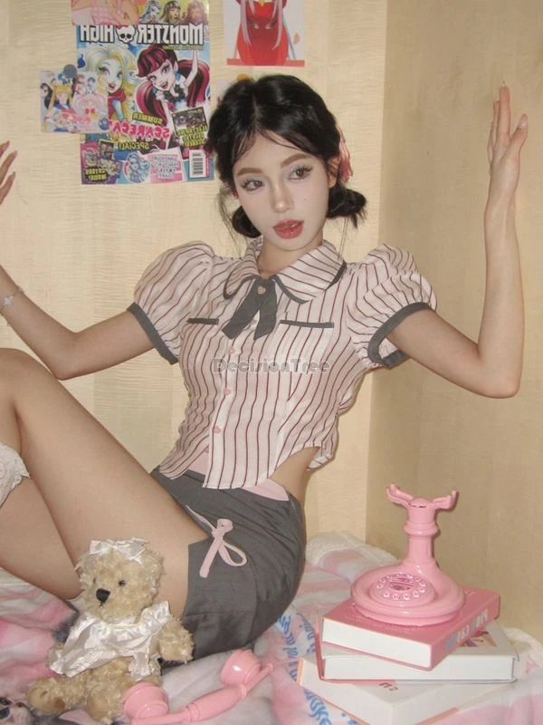 2025 neue koreanische stil sommer frauen gestreiften kurzarm hemd abnehmen halb rock zwei stück täglichen retro mode jk uniform set