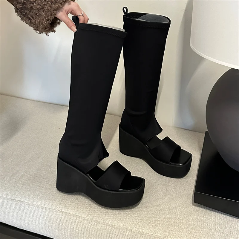 2023 Autumn Open Toe Knee High Boots Gladiator Sandals Fretwork Stretch Booties Platform Wedge Heel Slip On Shoes Thick Sole