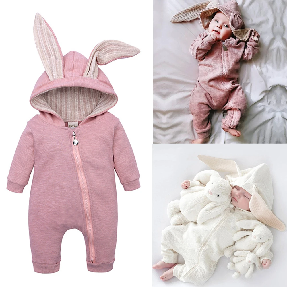 Newborn Baby Children Rompers Girls Boy Warm Hooded Overalls Cute Bunny Ears Kid Infant Zipper Jumpsuit Baby Clothes 0-24 Months