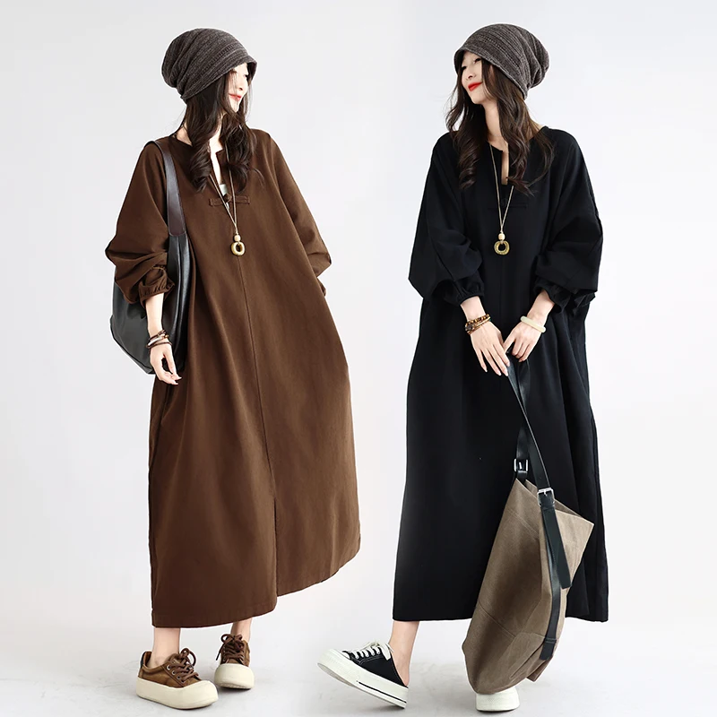Loose Fit Vintage Washed Long Sleeve Women's Dress plus Size Comfortable Lazy Style Casual Cotton Denim Dress All Seasons