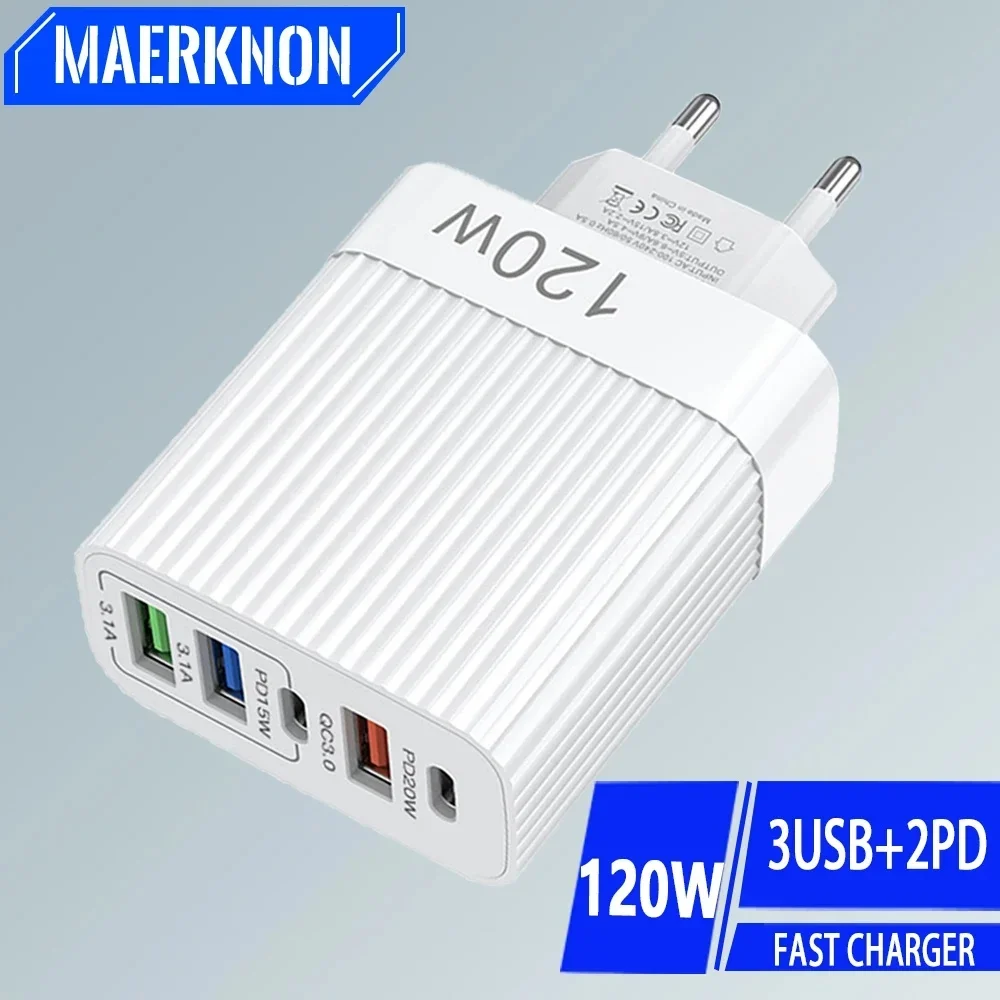 120W USB Fast Charger 5 Ports PD Type C Quick Charger Phone Adapter For iPhone 15 16 14 Samsung Xiaomi Huawei EU/US Plug Charger