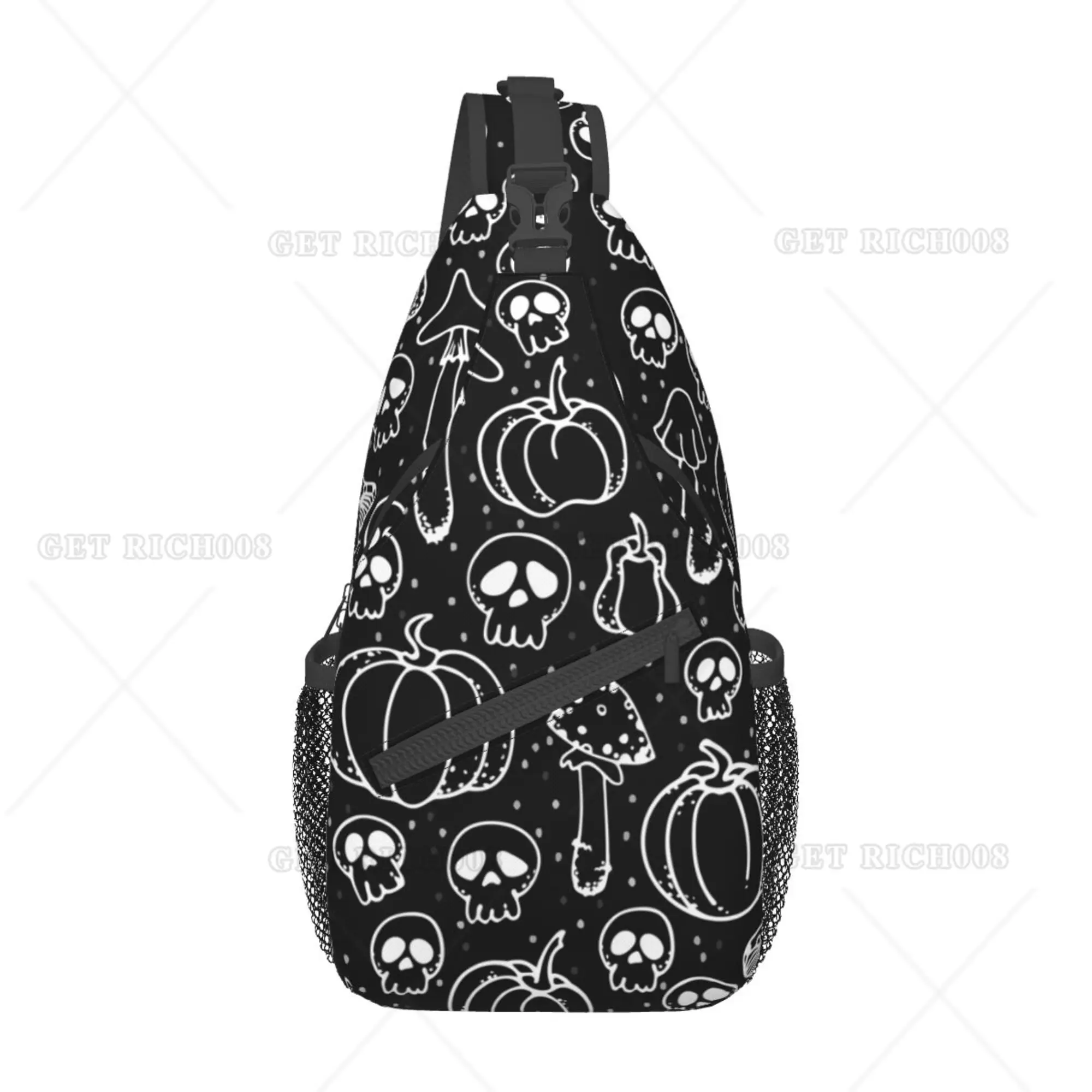 Pioson Mushroom Skeleton Pumokin Halloween Chest Bag for Men Women Polyester Unisex Casual School Backpack Hiking Running