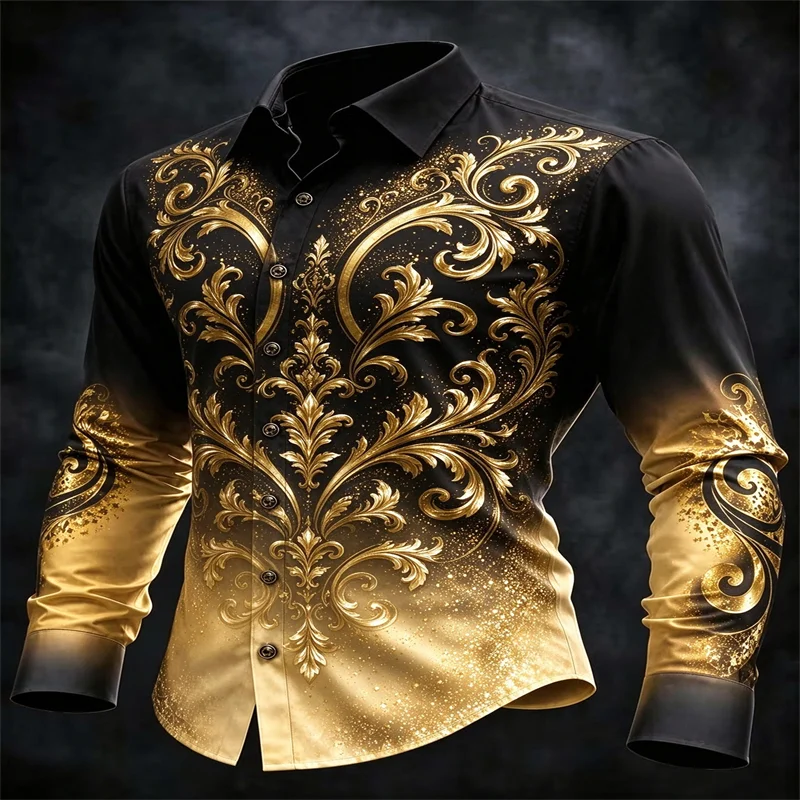 Men's Long Sleeve Shirt Black Gold Gradient Chinese Golden Dragon 3D Print Lapel Button Up Shirt Luxury Casual Party Dress Shirt