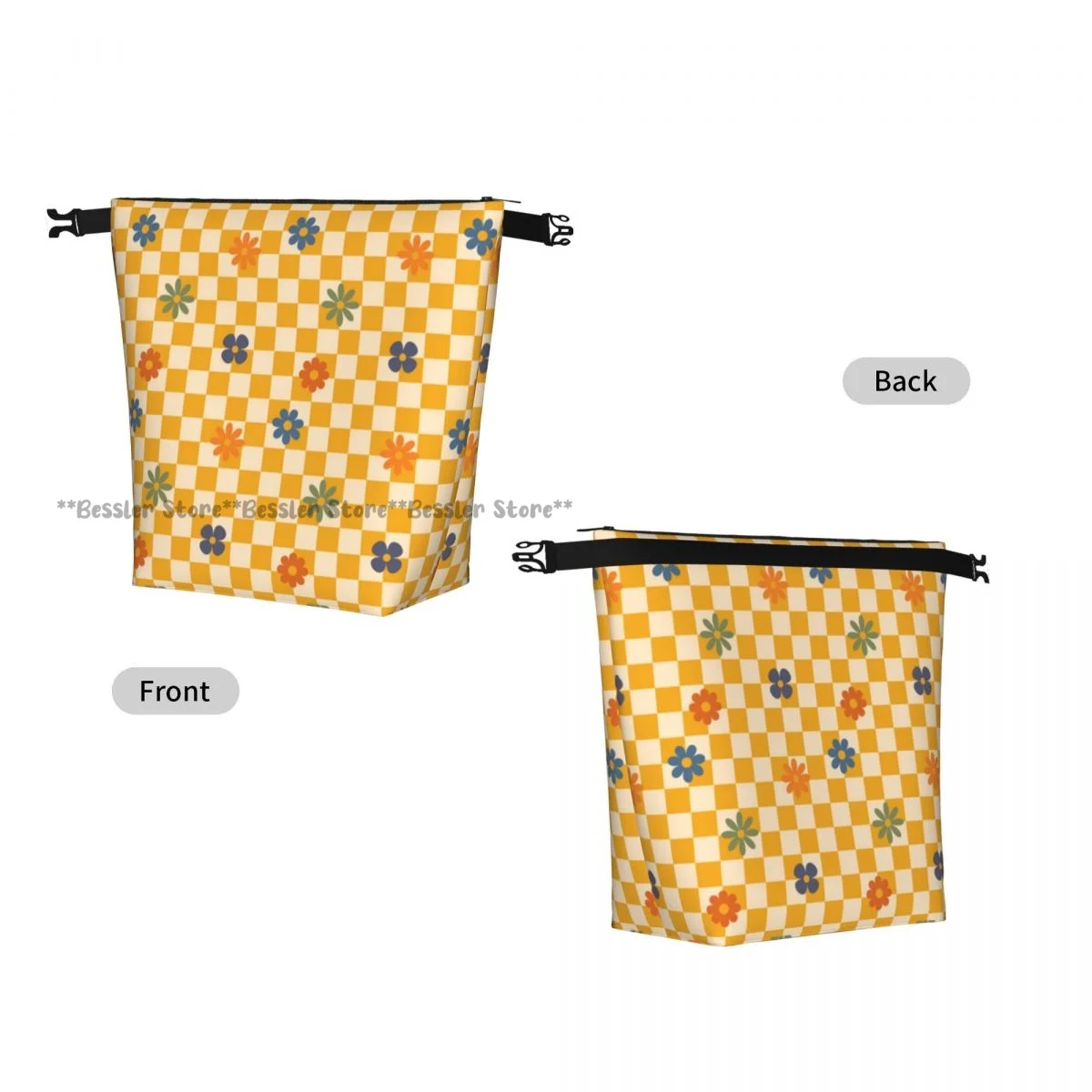 Roll Top Insulated Bento Lunch BagGroovy Flower Checkered 1970s Style Thermal Meal Bag Lunch Container Tote