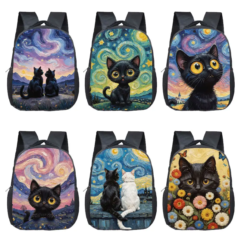 12 Inches Cartoon Black Cat in Van Gogh Painting Backpacks The Starry Night School Bags Bookbags Kindergarten Toddler Bag Gift