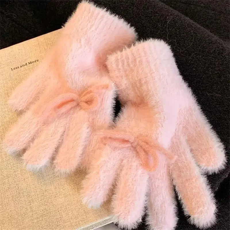 لطيف الحلو القوس قفازات قطيفة قفازات مقاومة للبرودة طالب شتاء دافئ خمسة أصابع قفازات النساء الإكسسوارات هدايا عيد الميلاد #3