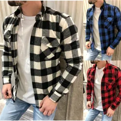 Camisa de flanela xadrez casual masculina, manga comprida, design de bolso no peito dois, impresso na moda, gola virada para baixo, camisa de botão, outono, M-3XL