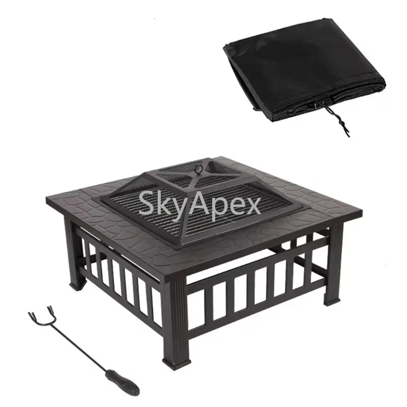 Modern Black Powder Coated Metal Fire Pit Table - Square Wood Burning Stove Heavy Duty Rustproof  Outdoor Patio Garden BBQ Party