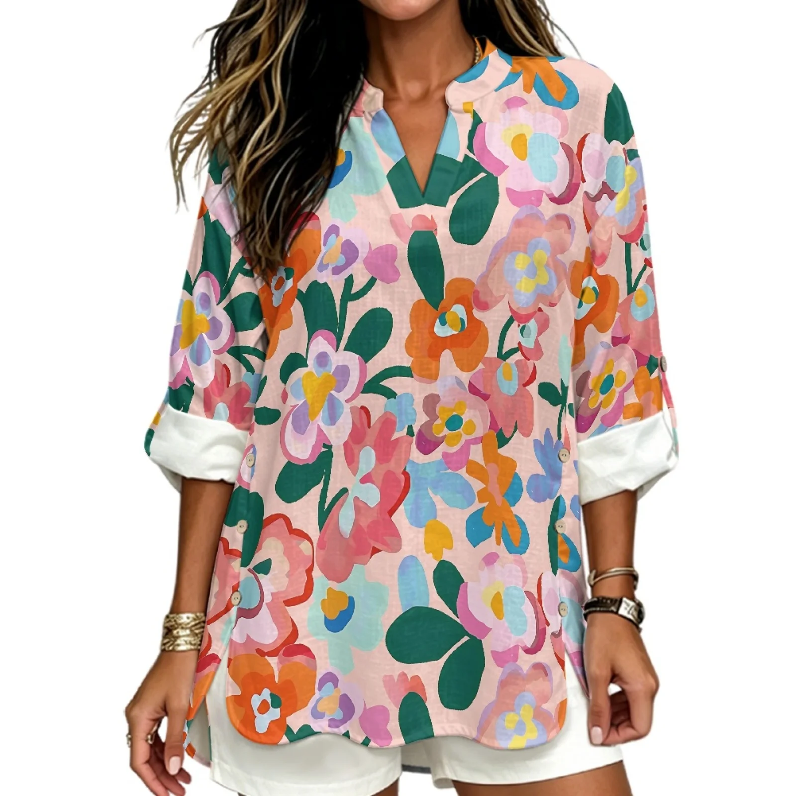 PENSTROLL Floral Linen Like Casual Blouses Roll Up Long Sleeve Women's Long Sleeve Shirts for Resort Gatherings Sizes S-5XL