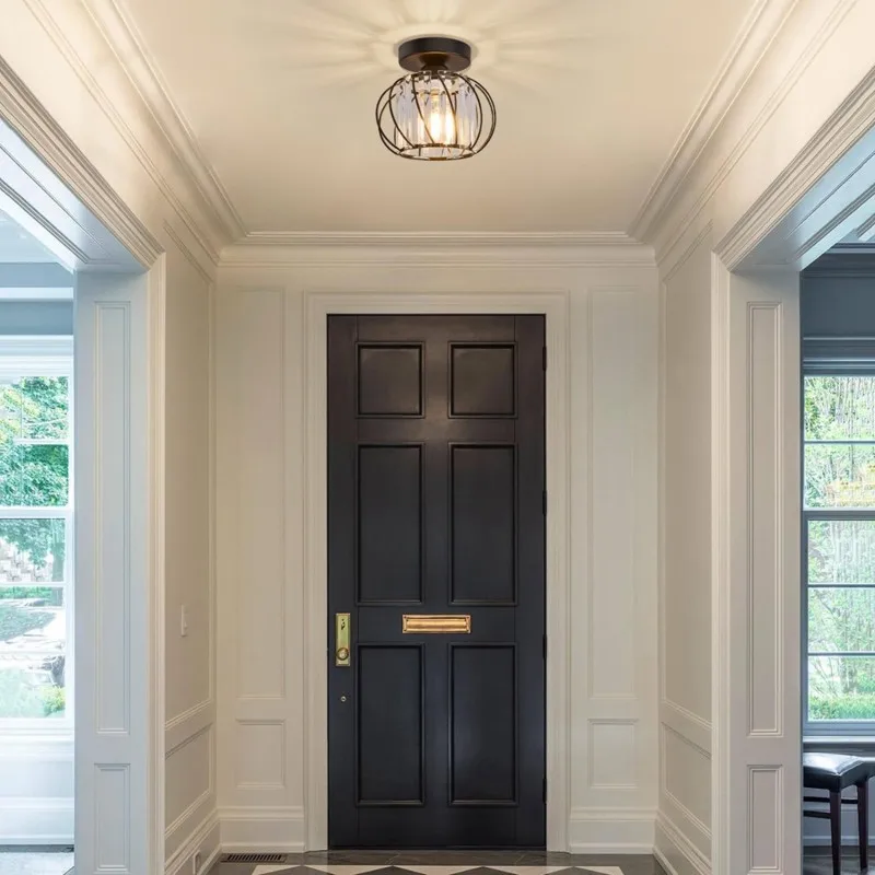 

SHGO-Crystal Chandelier For Corridor, Bathroom Kitchen- Metal Cage Ceiling Light, Semi Flush Mount Ceiling Lamp