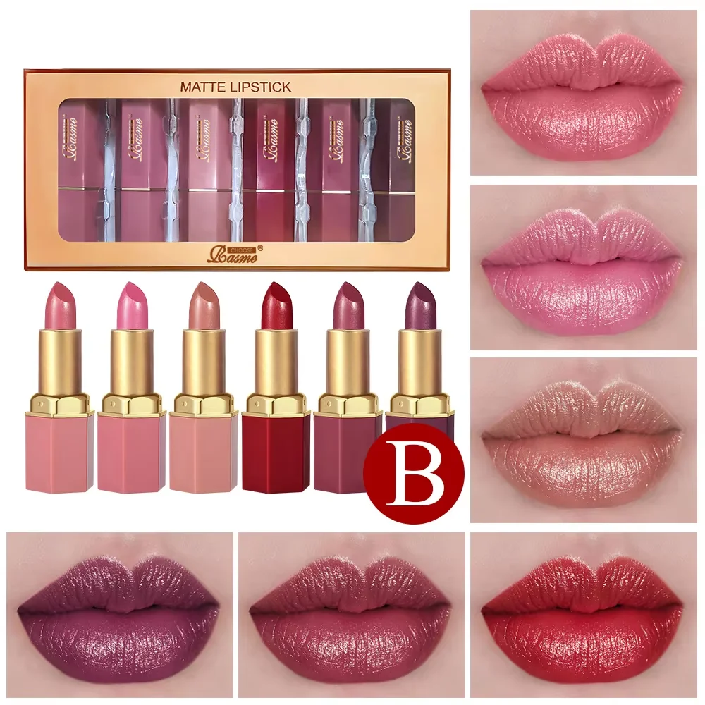 6-Farben-Schimmer-Lippenstift-Set, langanhaltend & wasserfest, verblasst nicht leicht, glitzerndes Finish für einen bezaubernden Lippen-Look