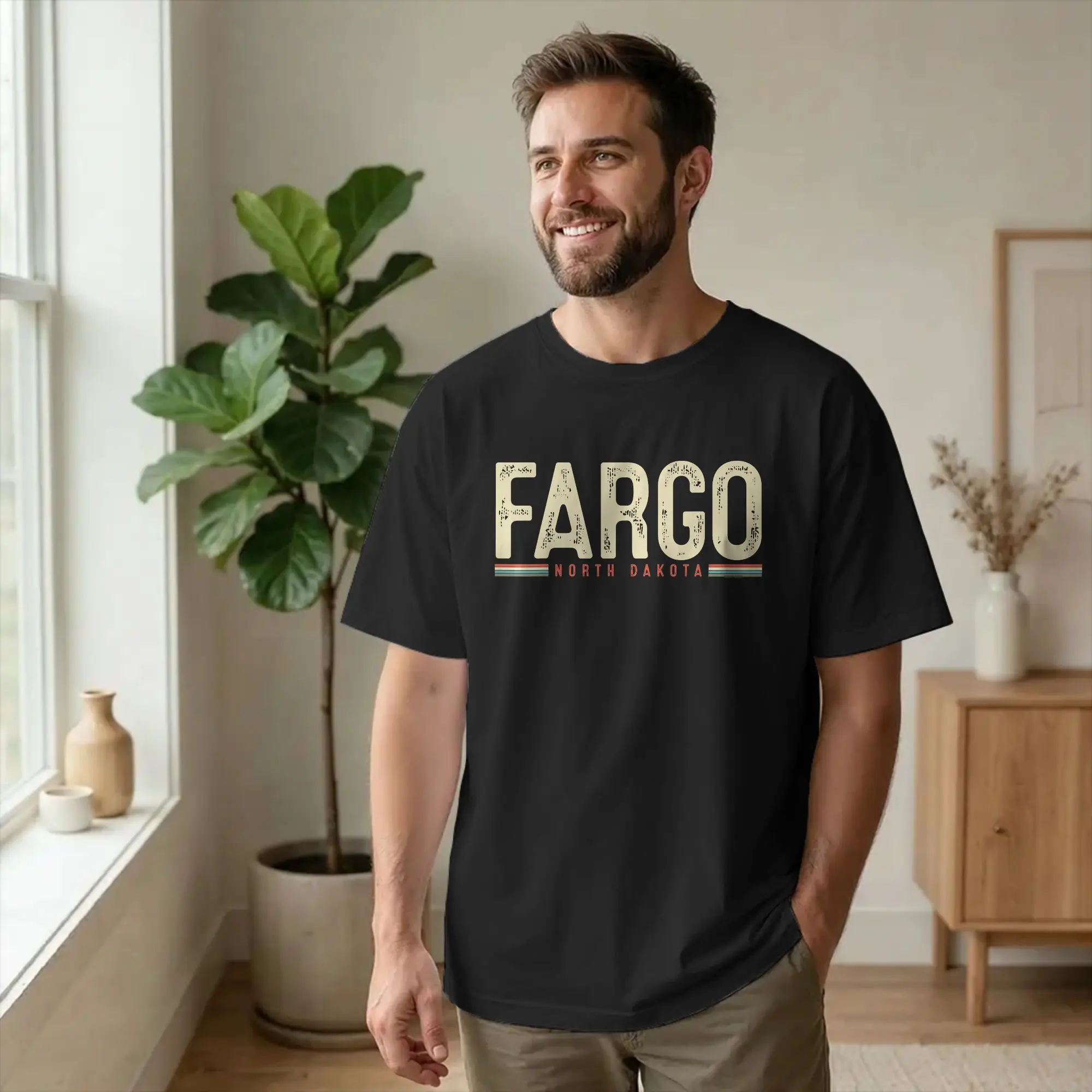 Fargo North Dakota Souvenir‌ T Shirts Men's Pure Cotton Hipster T-Shirt O Neck France Travel Tee Short Sleeve Clothing Plus Size