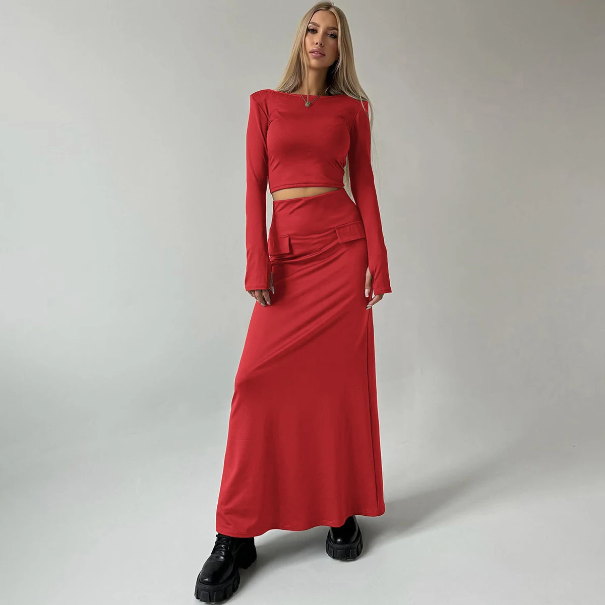 Lygens O-hals Bodycon-tops met lange mouwen Patchwork Lange rok Damessets Elegante avond Damessets Streetwear Casual outfit