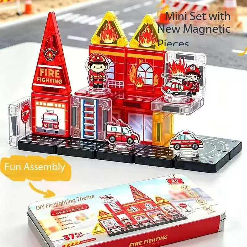 New Magnetic Tiles Firefighting Theme Magnetic Building Blocks With Fire Truck & Station Kids STEM Educational Construction Toys