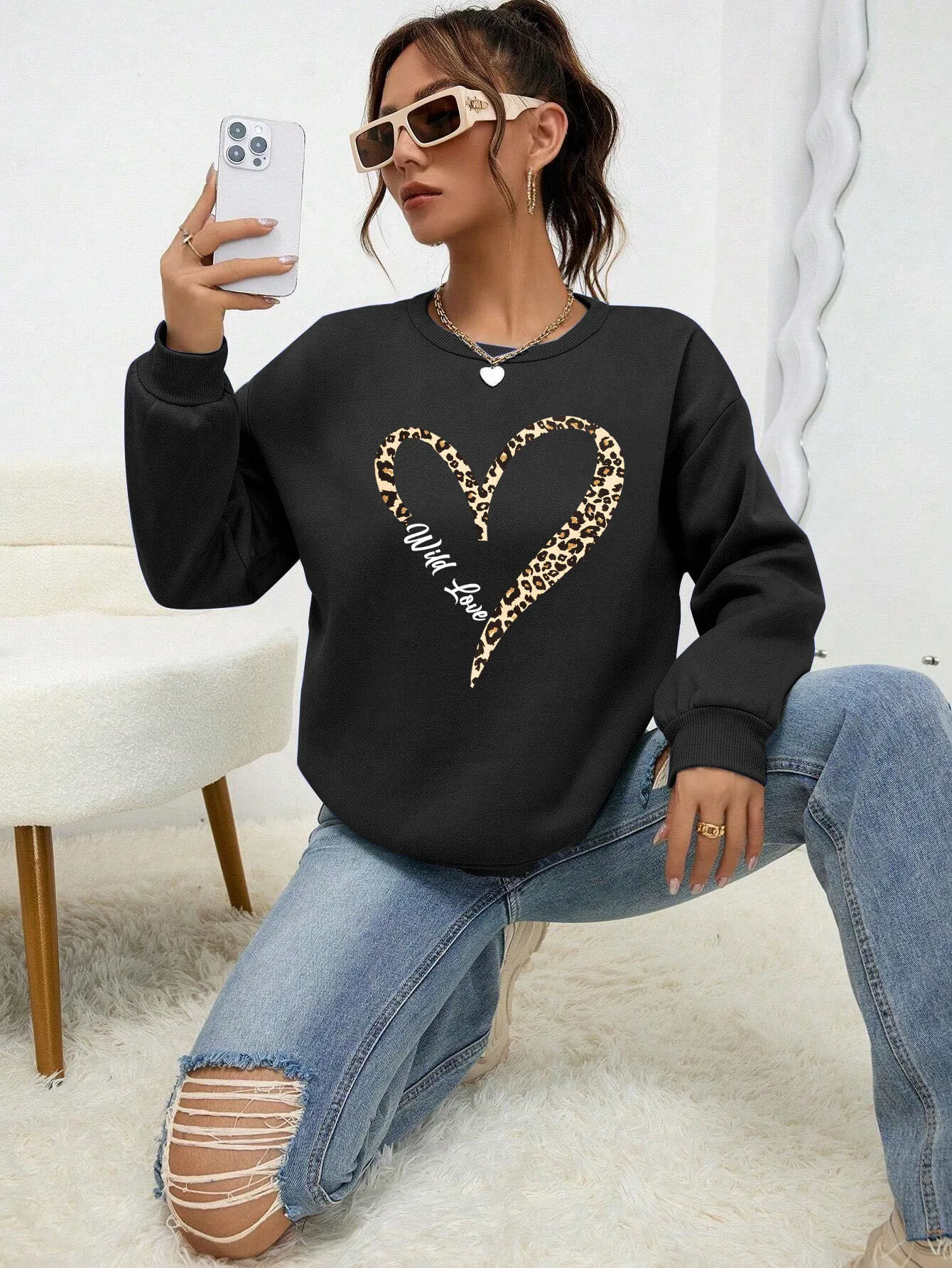 Leopard Wild Heart Pattern Print Female Sweatshirt Street Fur-Liner Pullovers Hipster Clothing All-Match Crewneck  Tracksuit