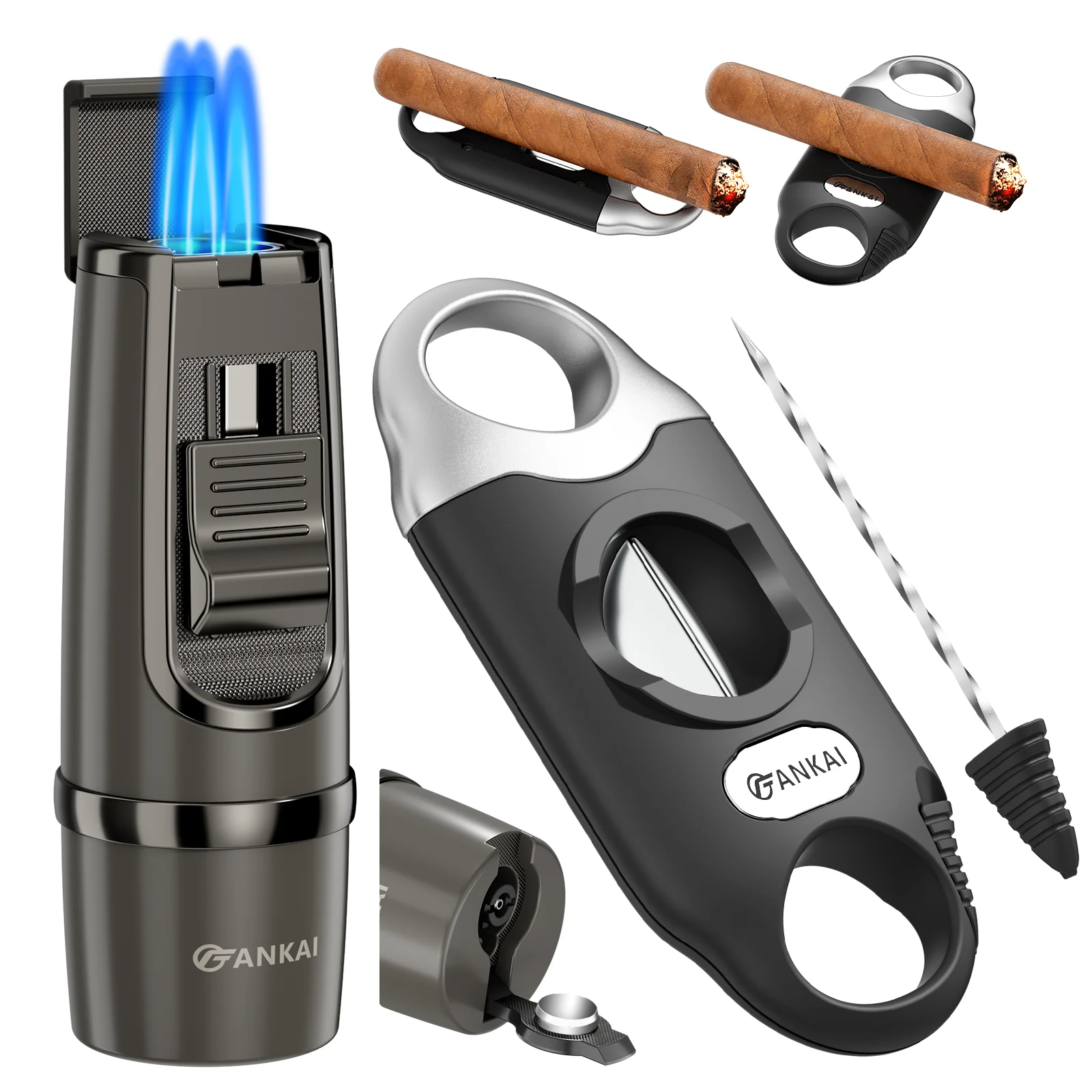 Cigar Lighter and Cutter Set, Torch Lighter Built in Cigar Punch,V Cut with Dual Cigar Stand,Cigar Draw Enhancer,Butane Lighter