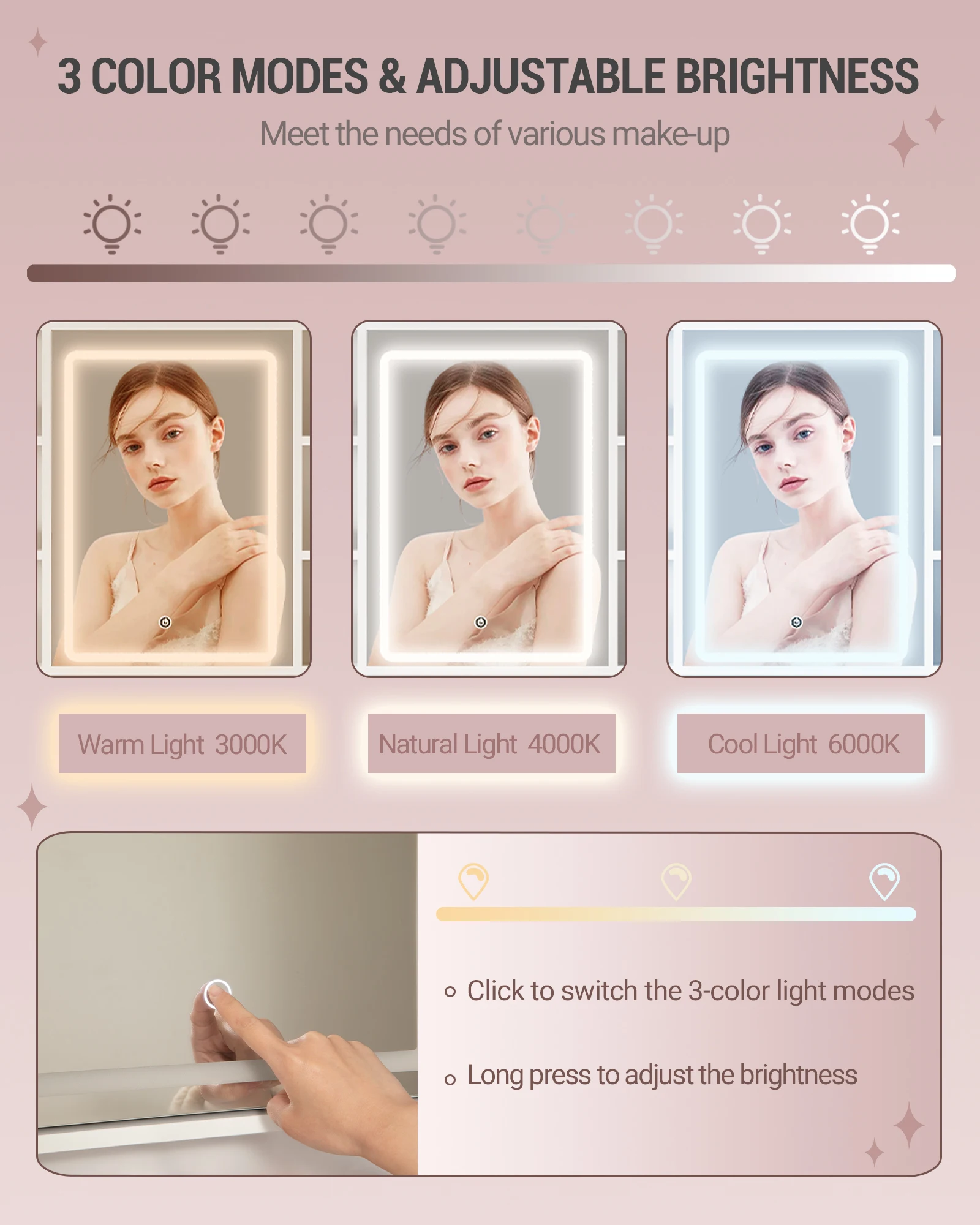 طاولة تزيين هزوانري مع مرآة، وإضاءة LED قابلة للتعديل، و3 أدراج وخزانة واحدة، وأرفف مفتوحة متعددة المستويات