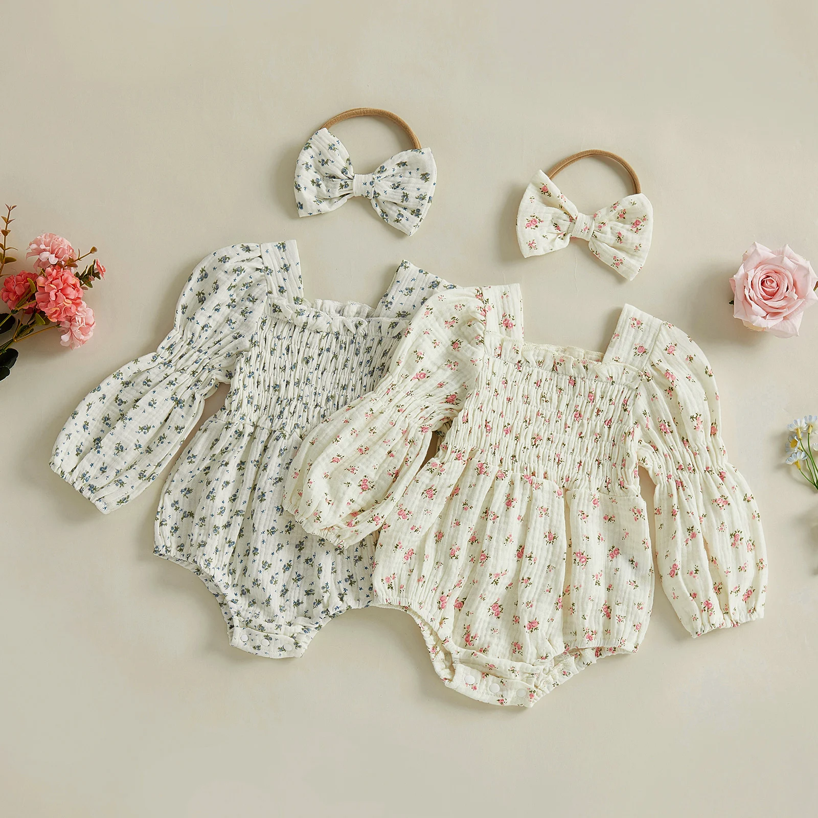 

Очаровательный повседневный комбинезон для девочек, хлопковый боди с длинным рукавом и рюшами, комбинезон с цветочным принтом для малышей с повязкой на голову, комплект из 2 предметов