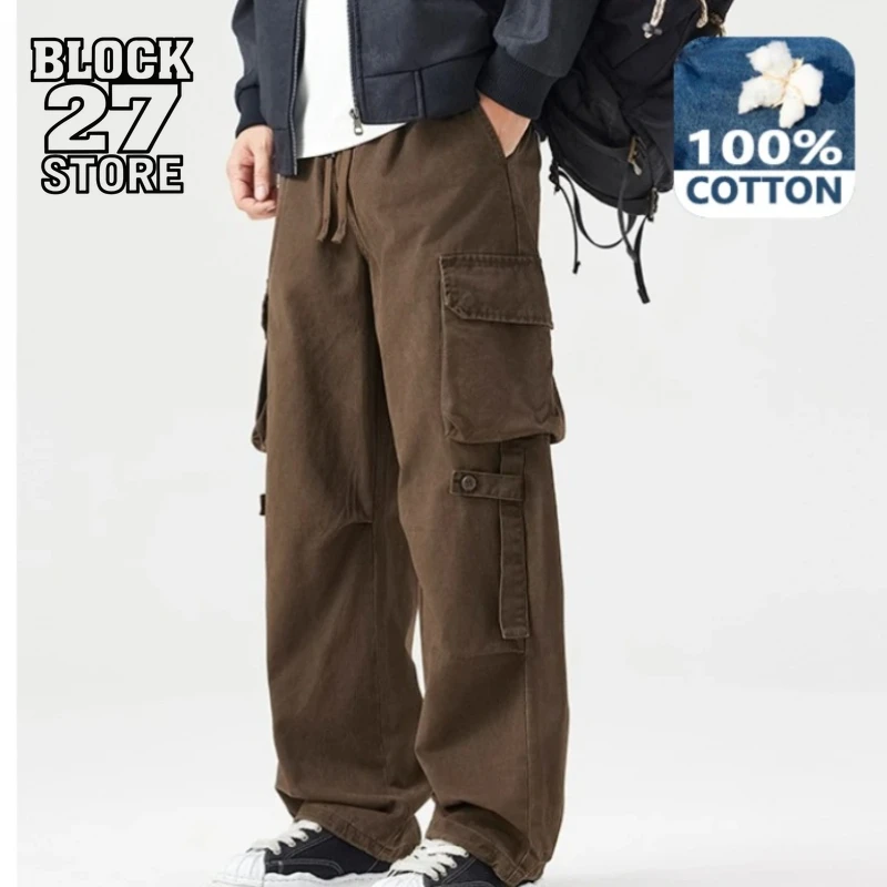 

Mens Pants Harajuku Autumn New Cargo Loose Multi Pockets Cotton Straight Trousers Comfort Zipper Casual Streetwear Fashion Style