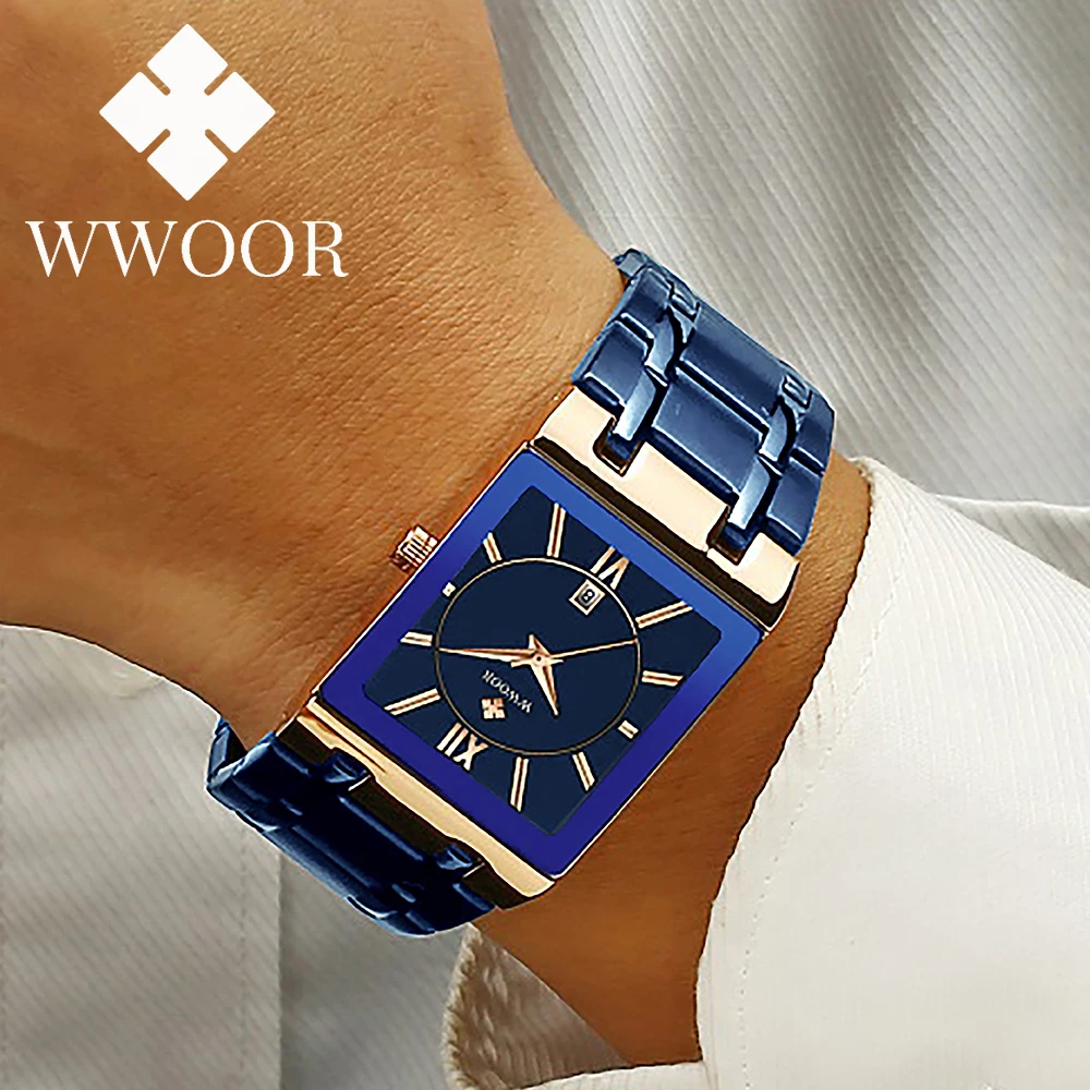 

WWOOR Men's Watches New Top Brand Luxury Blue Square Quartz Watch Stainless Steel Casual Calendar Waterproof Watch Reloj Hombre