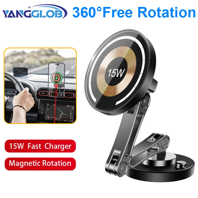 

Magnetic Car Phone Holder Mount Wireless Charger Fast Charging Rotation Magnetic Car Phone Stand for IPhone 16 15 14 13 Samsung
