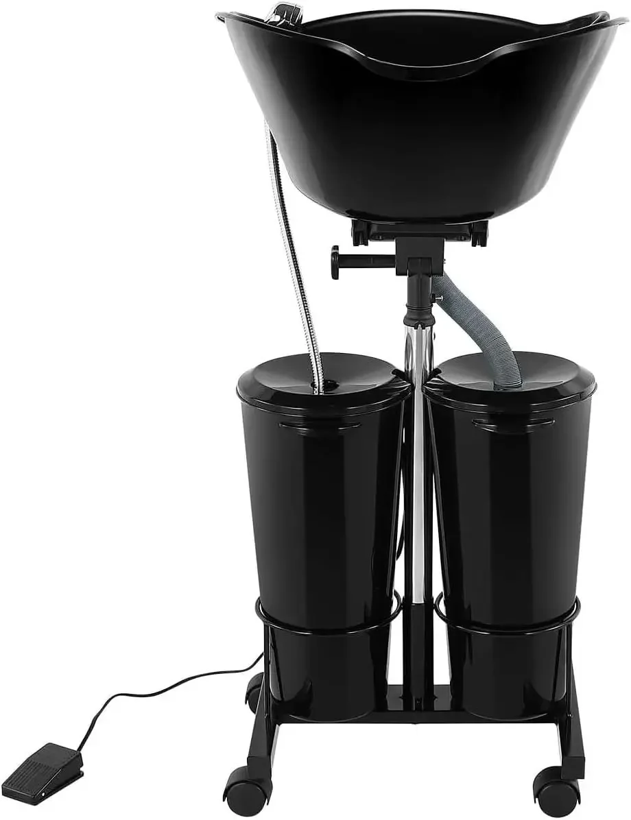 Portable Shampoo Bowl Unit Height Adjustable with 2 Bucket Hair Washing Station with Electric Pump and Drain Hoses, 270 Degree R