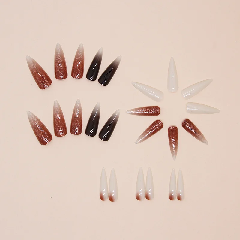 24pcs/box Long Stiletto False Nails French Glitter Press on Nails Full Cover Fake Nails Almond DIY Detachable Nail Tips