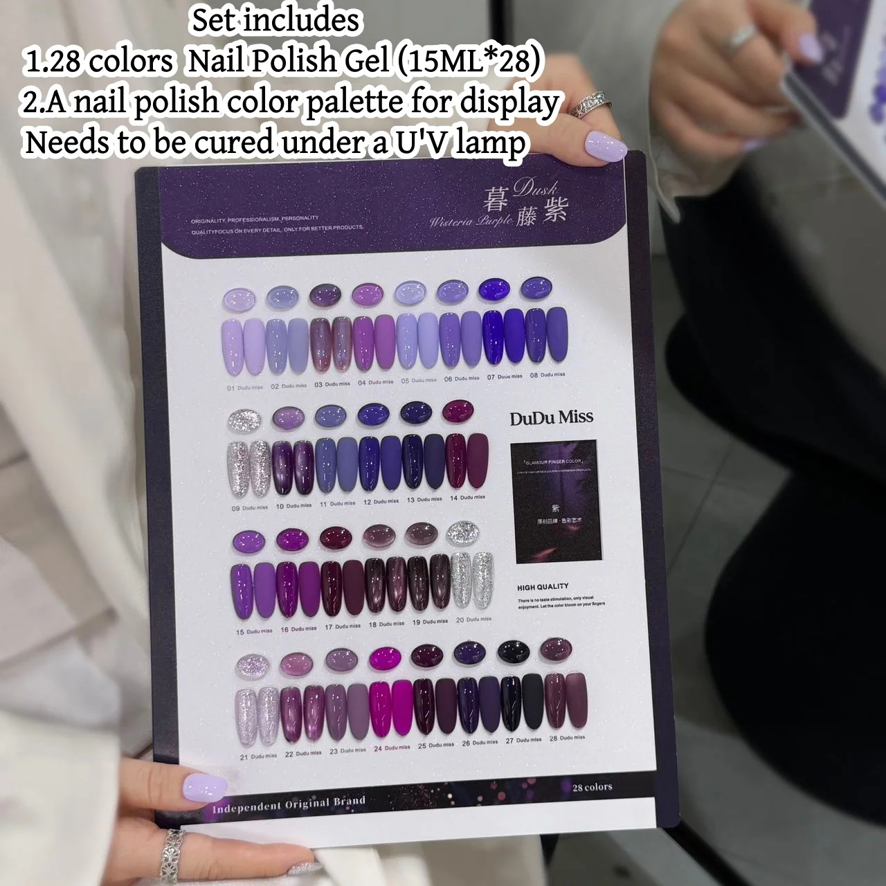 Dudu Miss 28 Color Nail Gel, Mystic Dark Plum with Silver Glitter, Twilight Gradient, Includes Color Palette for Manicure Displa