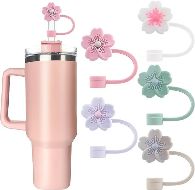 Factory 40oz 10mm Cute Flower Silicone Straw Toppers Reusable  Tumbler Marker Straw Cover   Accessories