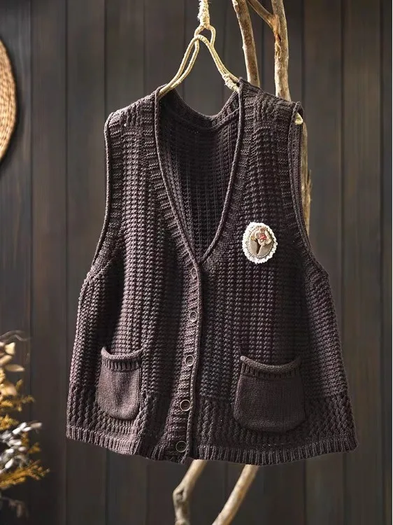 

Жилет из хлопковой пряжи ручной работы с двойным кетом V-Ne, женский свободный повседневный многослойный вязаный кардиган, топ Faion, осень 2025 г.