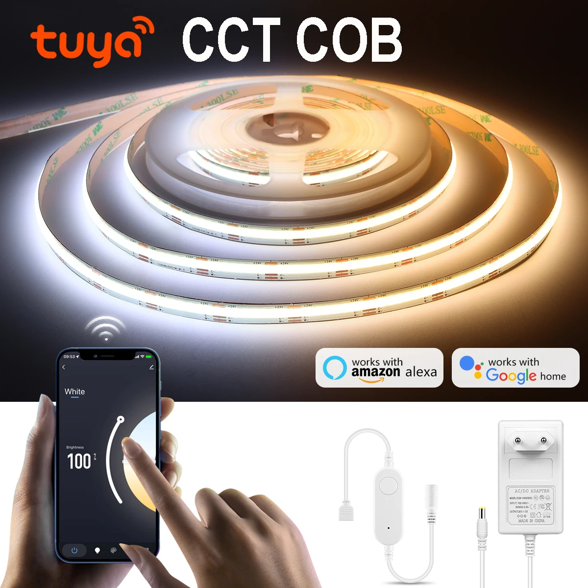 CCT COB lampka z lampą LED 608 diod LED/M z inteligentnym życiem sterowanie przez WIFI ciepła biel/naturalna biel/biel/biel Alexa Google