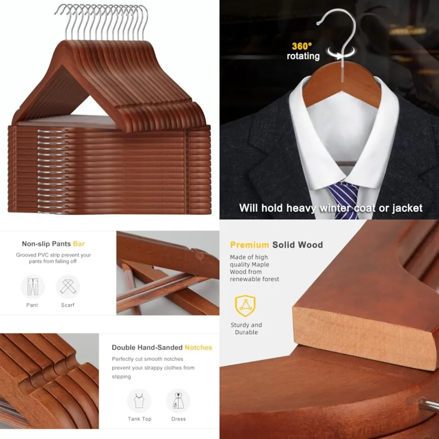 

Wooden Hangers 30 Pack, Wood Clothes Hangers, Durable Coat Hanger with 360-Degree Rotatable Hook, Non-Slip Pants Bar and Should