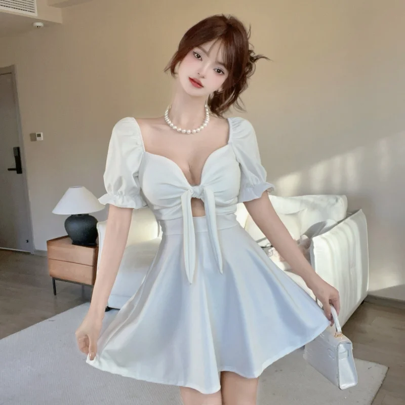 Hot Girl Sexy Cute Lace-up Low-Cut Hollow-out Navel Short Skirt Large Swing Short Sleeve Dress