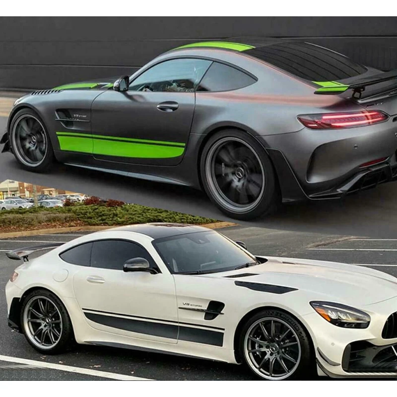

Car Racing Engine Hood Stripe Sticker Side Body Waist Line Decals Green Graphics Overlay for Mercedes-Benz AMG GTR GTS C63