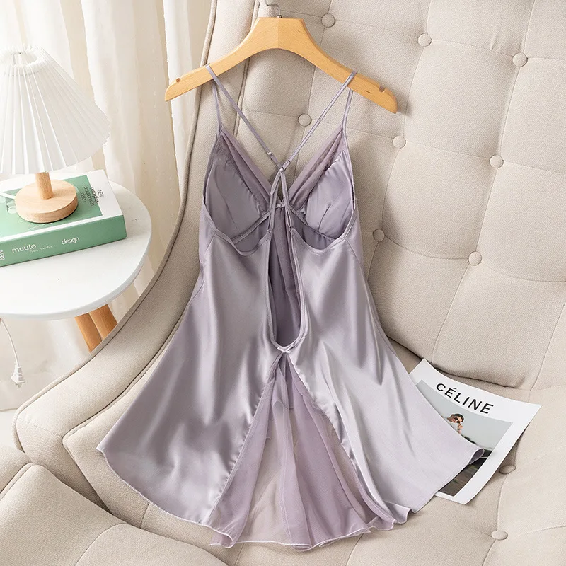 Lace Suspender Nightgown Dress Sleepwear Women Silky Satin Nightdress Sexy Backless Strap Sleepdress Nightwear Summer Home Wear