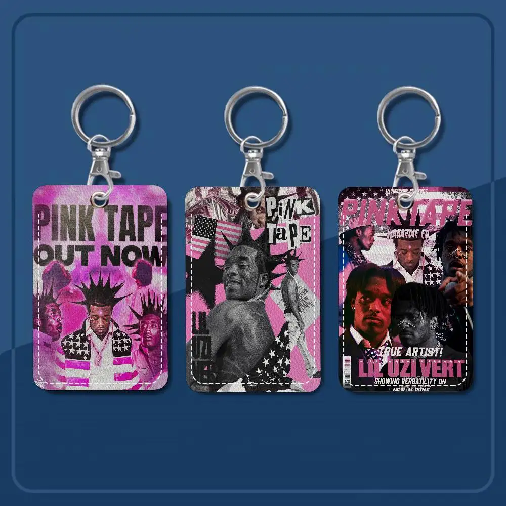 Rapper Lil Uzi Vert Music Album Rectangle ID Card Case Keychain Access Card Bag Key Tag Ring Leather Card Holder Key Ring