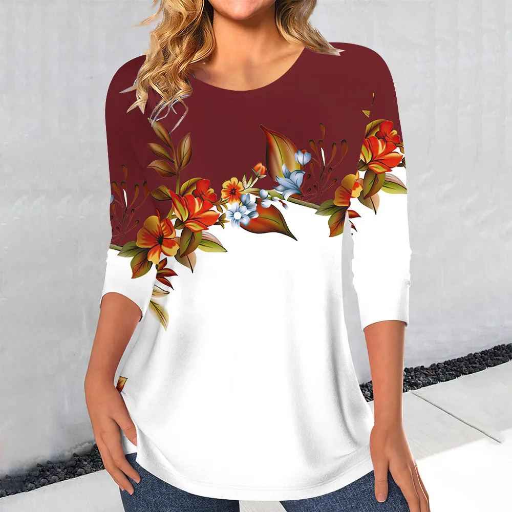 Women\'s Casual Rose Print T Shirt For Women Elegant Fashion Female Clothes Streetwear Vintage Long Sleeve Loose Tops Oversized