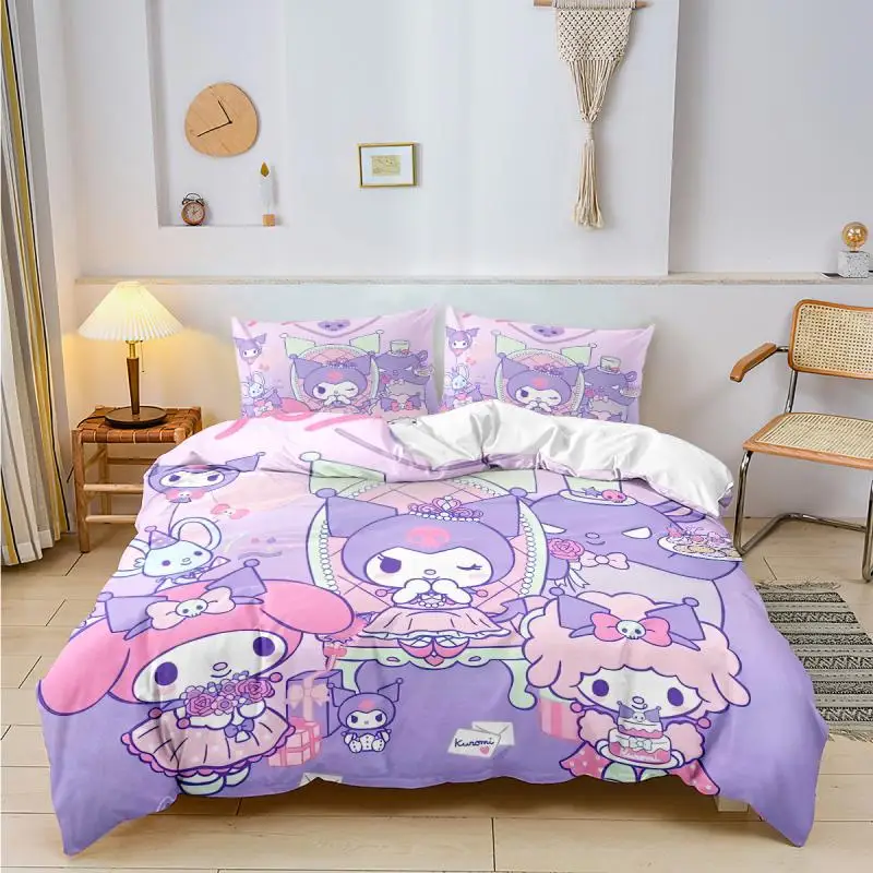 

3Pcs Sanrio Anime Kawaii Kuromi Printing Bed Decoration Quilt Cover Cute Cartoon My Melody Pillow Cover Gifts for Girls