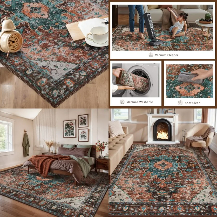 

8X10 Area Rugs for Living Room, Washable Large Oriental Non-Slip Carpet for Bedroom Dining Room, Boho Thin Throw Rug for Kitche
