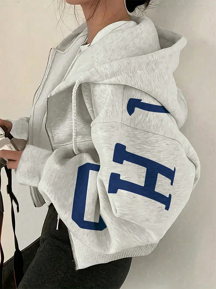 AW Y2K Letter Print Zip Up Hooded Jacket Women Casual Loose Long Sleeve Cropped Hoodie Streetwear Harajuku Sweatshirt Outerwear