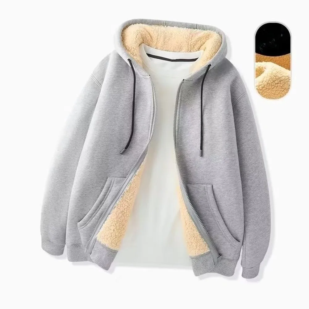 Autumn Winter Men's Solid Color Hooded Jacket with Full Zipper Closure and Thickened Polyester Sweatshirt Design