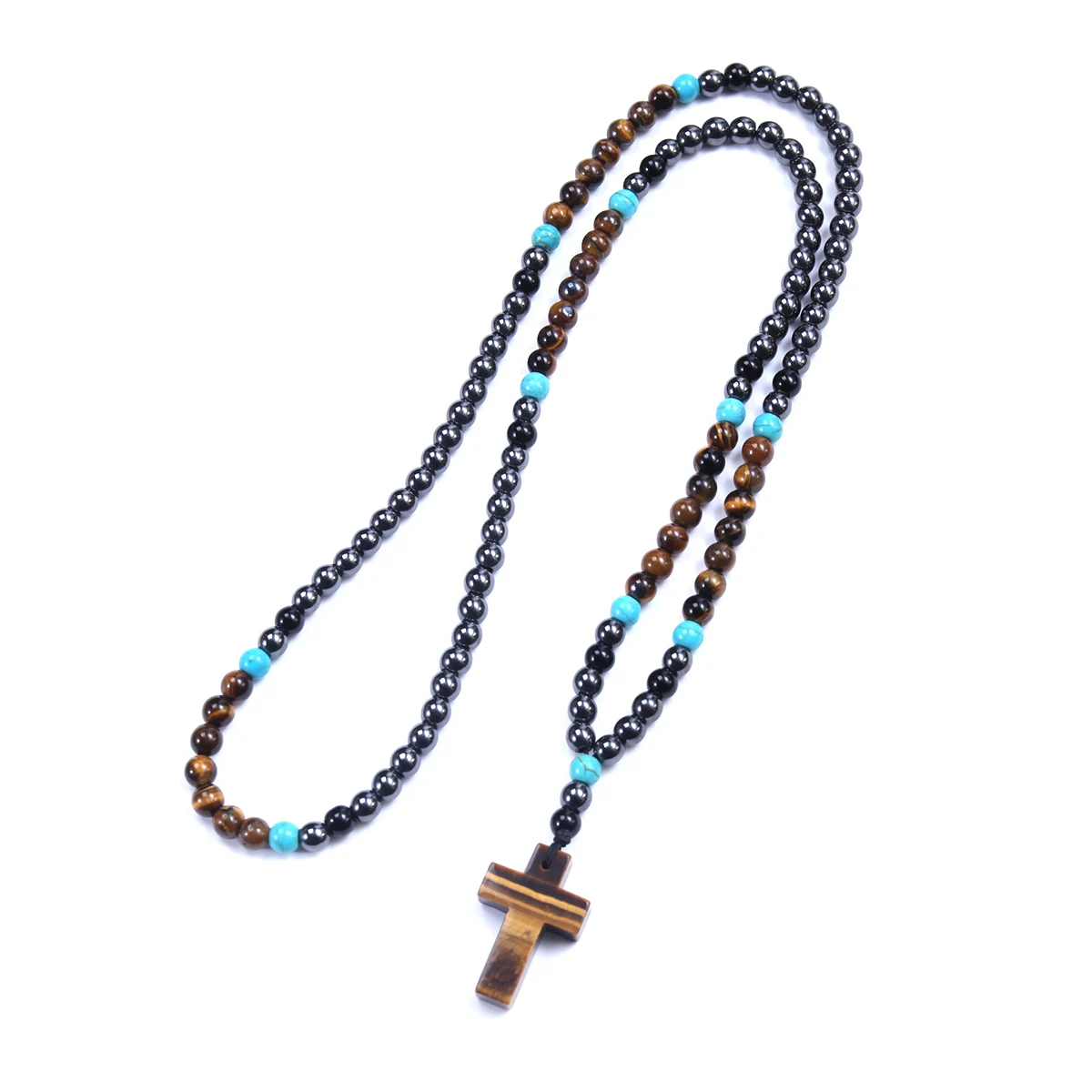 Boho Vintage 6mm Runde Perlen Hämatit Tigerauge Perlen Kreuz Anhänger Halskette für Männer und Frauen – Detail 6