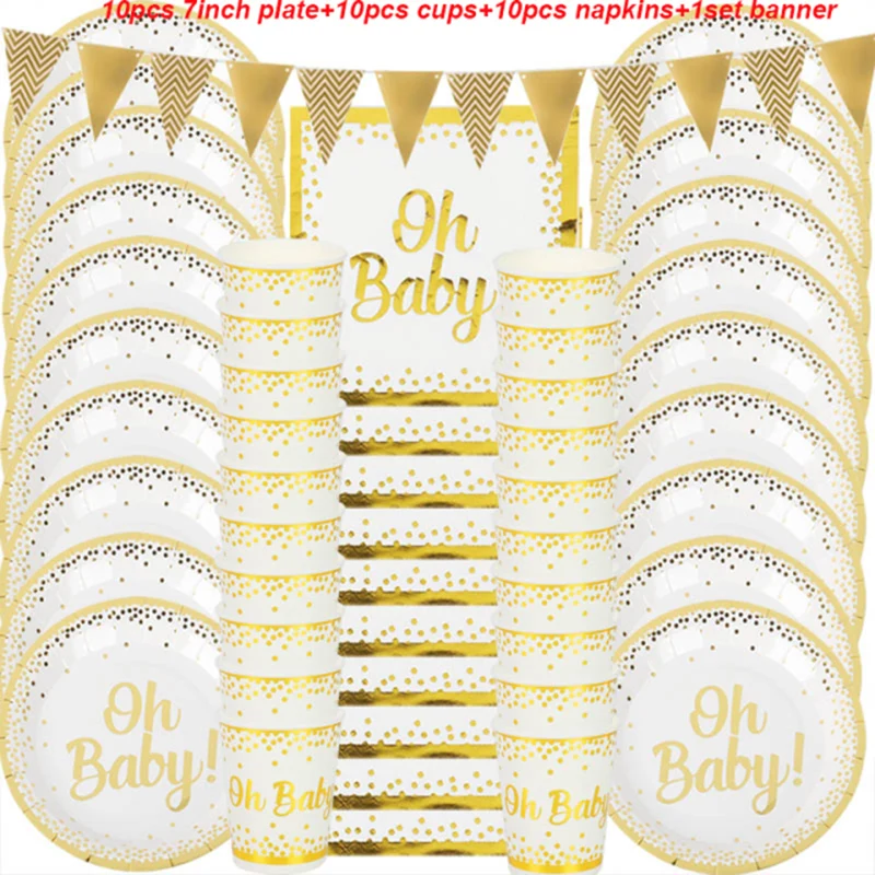 31pcs Oh Baby Shower Party Supplies Tableware Set Gold Oh Baby Birthday Paper Plates Cup Boy Girl Gender Reveal Party Decoration